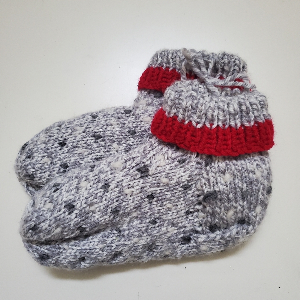 Handmade Knit Boot Slippers For Child Unisex Classic Grey And Red
